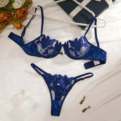 LINCARIE – Embroidered Floral Push-Up Lingerie Set (Blue)