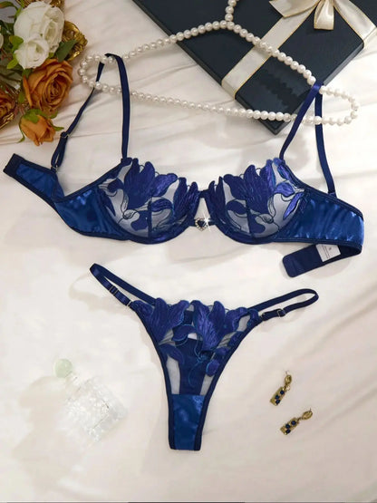 LINCARIE – Embroidered Floral Push-Up Lingerie Set (Blue)