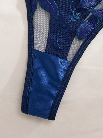 LINCARIE – Embroidered Floral Push-Up Lingerie Set (Blue)