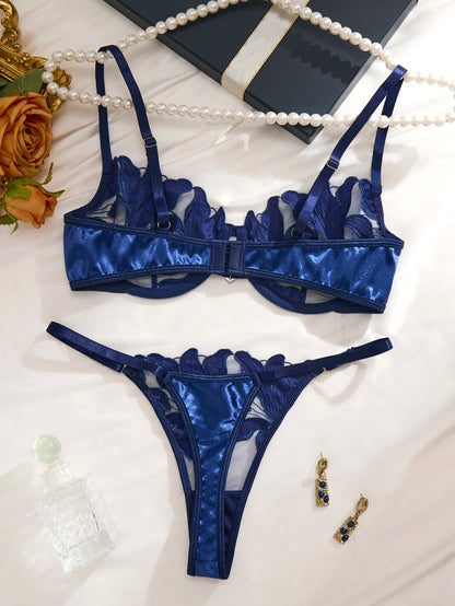 LINCARIE – Embroidered Floral Push-Up Lingerie Set (Blue)